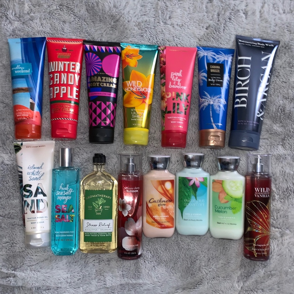Bath & Body Works lotions, body wash, & sprays.